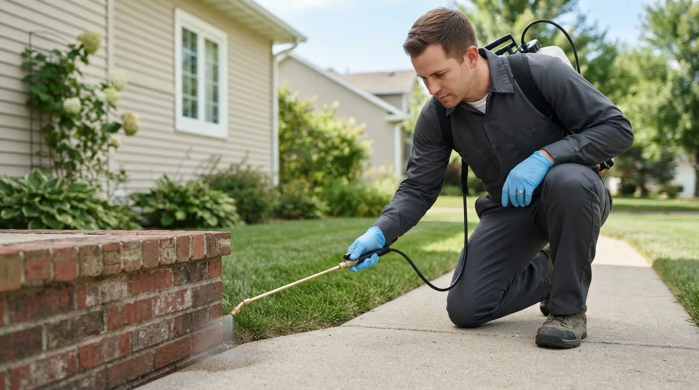 Pest control technician treating a home near Leon, IA