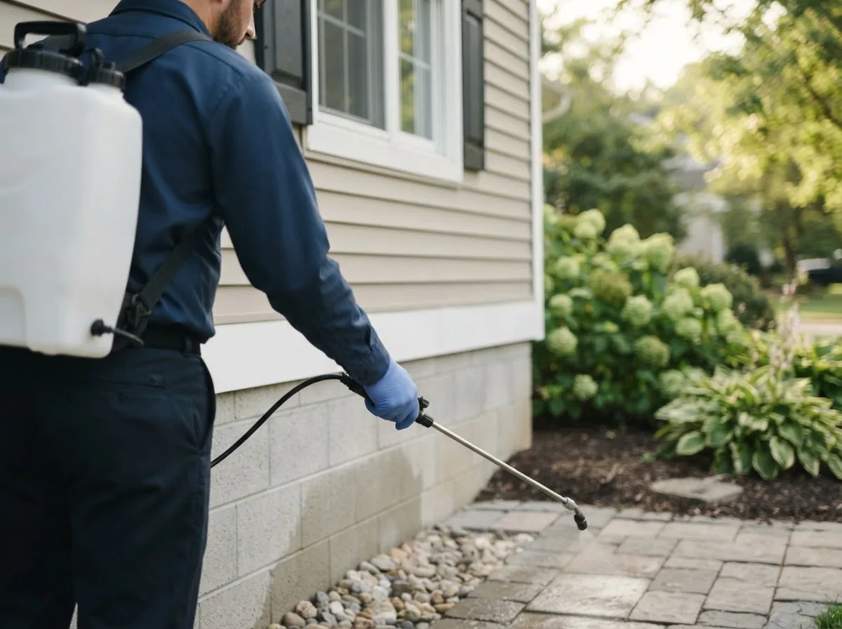Pest control technician inspecting a home in Leon, IA